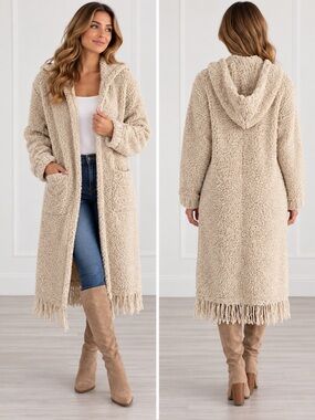 Something Navy Long Goodnight Cardigan with Fringe Cardigan in Cream Size small
